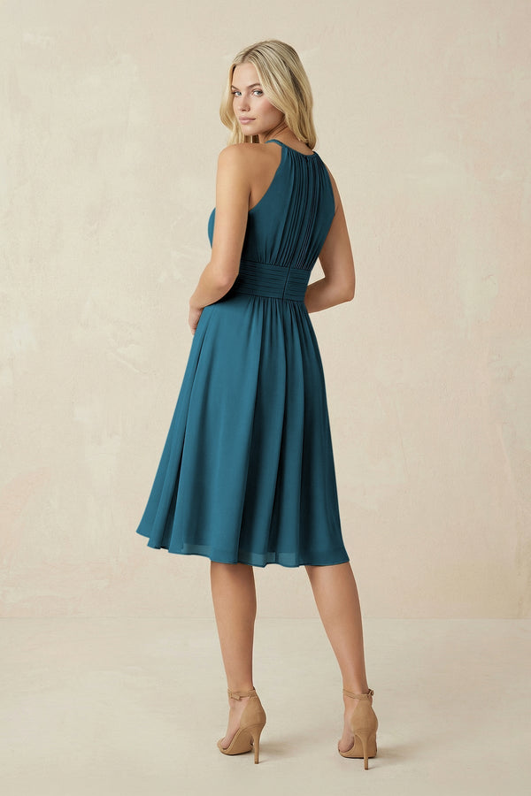 Halter A - Line Chiffon Midi Bridesmaid Dress in Dark Teal - KissProm Bridesmaid Dresses