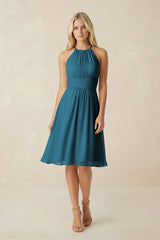 Halter A - Line Chiffon Midi Bridesmaid Dress in Dark Teal - KissProm Bridesmaid Dresses