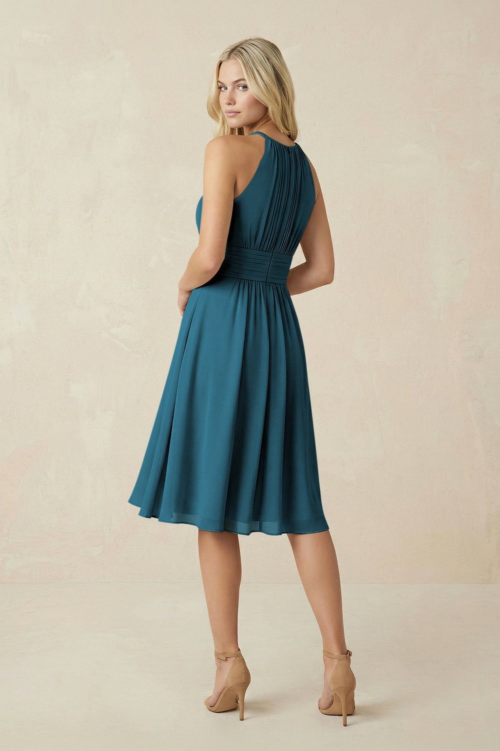 Halter A - Line Chiffon Midi Bridesmaid Dress in Dark Teal - KissProm Bridesmaid Dresses