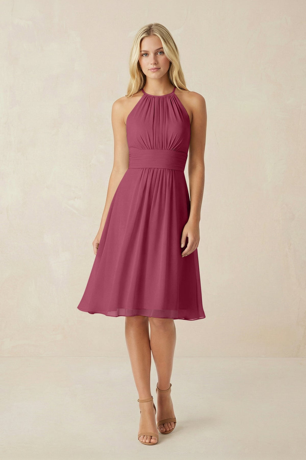 Halter A - Line Chiffon Midi Bridesmaid Dress in Desert Rose - KissProm Bridesmaid Dresses