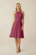 Halter A - Line Chiffon Midi Bridesmaid Dress in Desert Rose - KissProm Bridesmaid Dresses