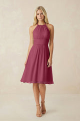 Halter A - Line Chiffon Midi Bridesmaid Dress in Desert Rose - KissProm Bridesmaid Dresses