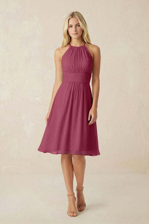 Halter A - Line Chiffon Midi Bridesmaid Dress in Desert Rose - KissProm Bridesmaid Dresses