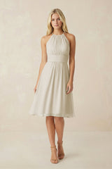 Halter A - Line Chiffon Midi Bridesmaid Dress in Dove Gray - KissProm Bridesmaid Dresses