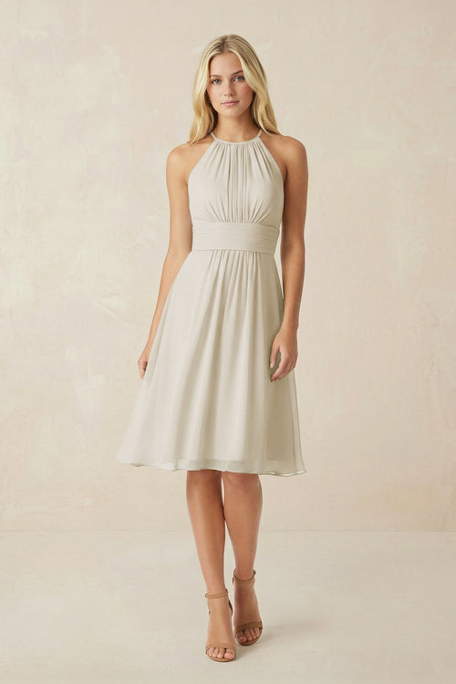 Halter A - Line Chiffon Midi Bridesmaid Dress in Dove Gray - KissProm Bridesmaid Dresses