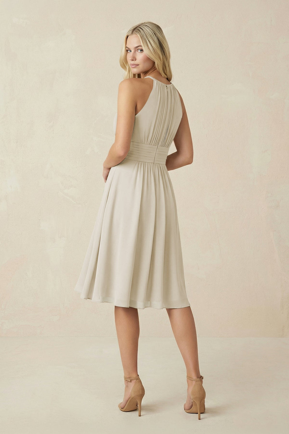 Halter A - Line Chiffon Midi Bridesmaid Dress in Dove Gray - KissProm Bridesmaid Dresses