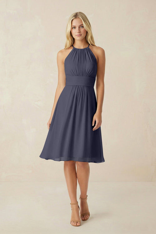 Halter A - Line Chiffon Midi Bridesmaid Dress in Dusk Blue - KissProm Bridesmaid Dresses