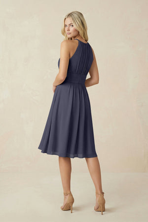 Halter A - Line Chiffon Midi Bridesmaid Dress in Dusk Blue - KissProm Bridesmaid Dresses