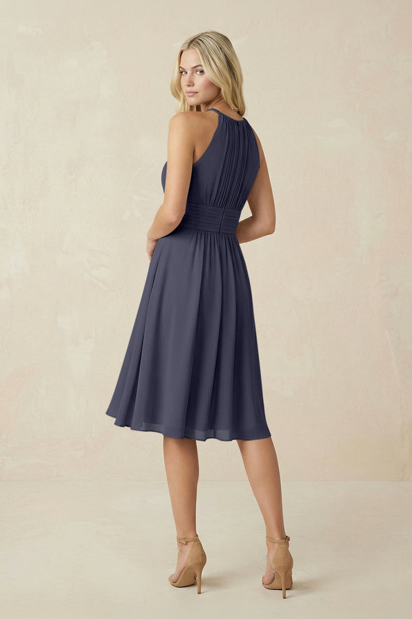 Halter A - Line Chiffon Midi Bridesmaid Dress in Dusk Blue - KissProm Bridesmaid Dresses