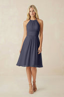 Halter A - Line Chiffon Midi Bridesmaid Dress in Dusk Blue - KissProm Bridesmaid Dresses