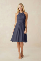 Halter A - Line Chiffon Midi Bridesmaid Dress in Dusk Blue - KissProm Bridesmaid Dresses