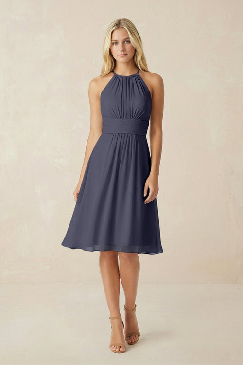 Halter A - Line Chiffon Midi Bridesmaid Dress in Dusk Blue - KissProm Bridesmaid Dresses
