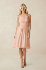 Halter A - Line Chiffon Midi Bridesmaid Dress in English Rose - KissProm Bridesmaid Dresses