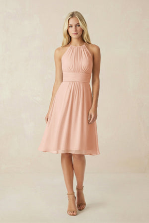 Halter A - Line Chiffon Midi Bridesmaid Dress in English Rose - KissProm Bridesmaid Dresses