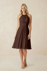Halter A - Line Chiffon Midi Bridesmaid Dress in Espresso - KissProm Bridesmaid Dresses