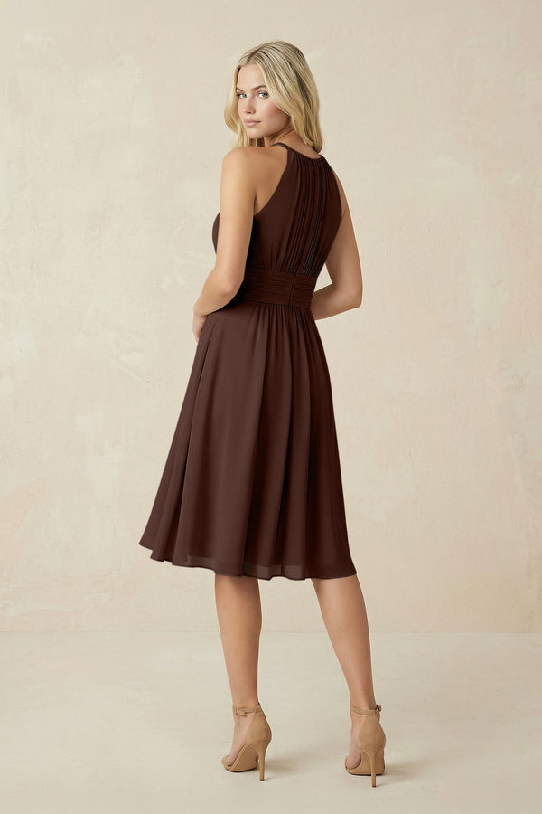 Halter A - Line Chiffon Midi Bridesmaid Dress in Espresso - KissProm Bridesmaid Dresses