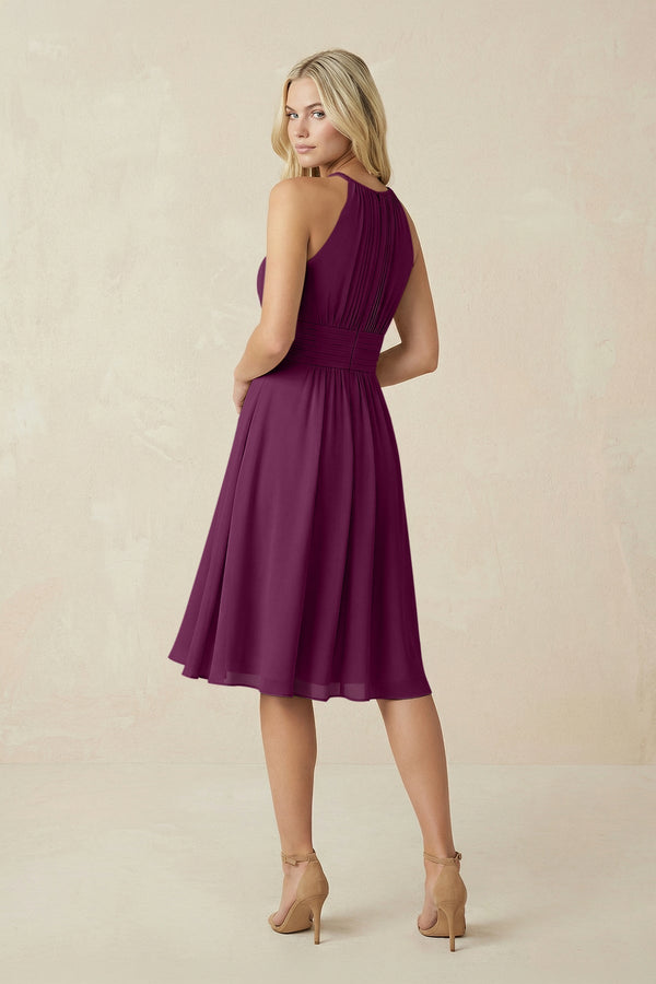 Halter A - Line Chiffon Midi Bridesmaid Dress in Fig - KissProm Bridesmaid Dresses