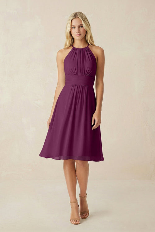 Halter A - Line Chiffon Midi Bridesmaid Dress in Fig - KissProm Bridesmaid Dresses