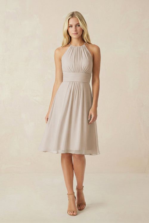 Halter A - Line Chiffon Midi Bridesmaid Dress in Frost - KissProm Bridesmaid Dresses