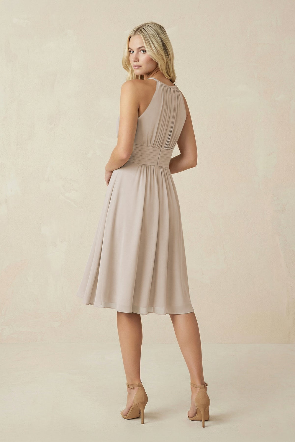 Halter A - Line Chiffon Midi Bridesmaid Dress in Frost - KissProm Bridesmaid Dresses