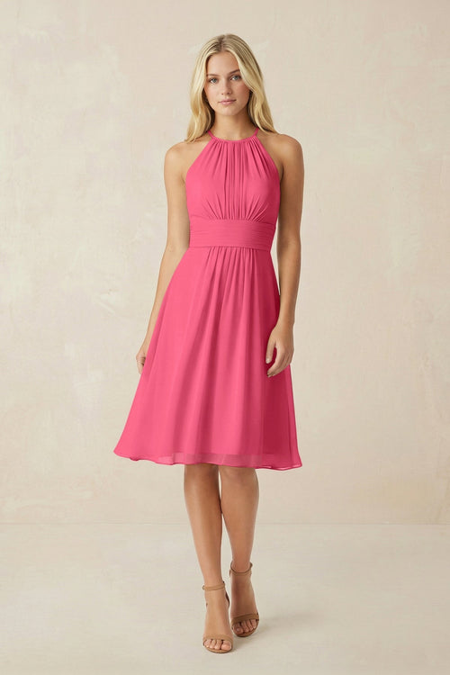 Halter A - Line Chiffon Midi Bridesmaid Dress in Fuchsia - KissProm Bridesmaid Dresses