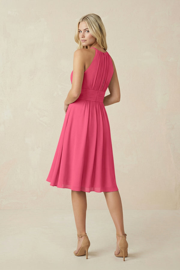 Halter A - Line Chiffon Midi Bridesmaid Dress in Fuchsia - KissProm Bridesmaid Dresses