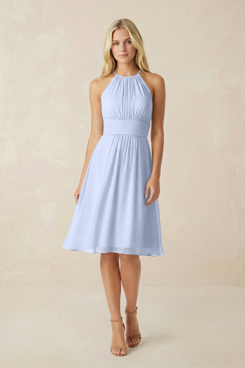 Halter A - Line Chiffon Midi Bridesmaid Dress in Ice - KissProm Bridesmaid Dresses