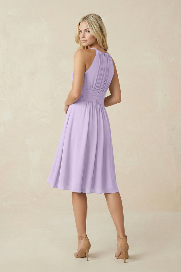 Halter A - Line Chiffon Midi Bridesmaid Dress in Lavender - KissProm Bridesmaid Dresses