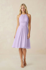 Halter A - Line Chiffon Midi Bridesmaid Dress in Lavender - KissProm Bridesmaid Dresses