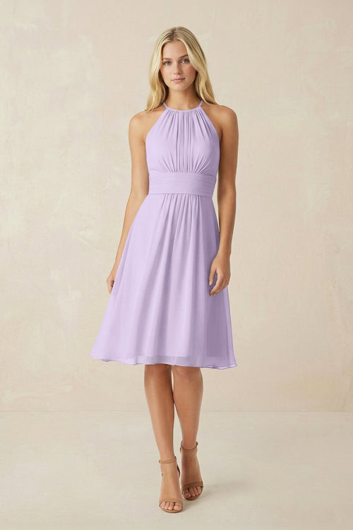 Halter A - Line Chiffon Midi Bridesmaid Dress in Lavender - KissProm Bridesmaid Dresses
