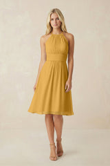 Halter A - Line Chiffon Midi Bridesmaid Dress in Marigold - KissProm Bridesmaid Dresses