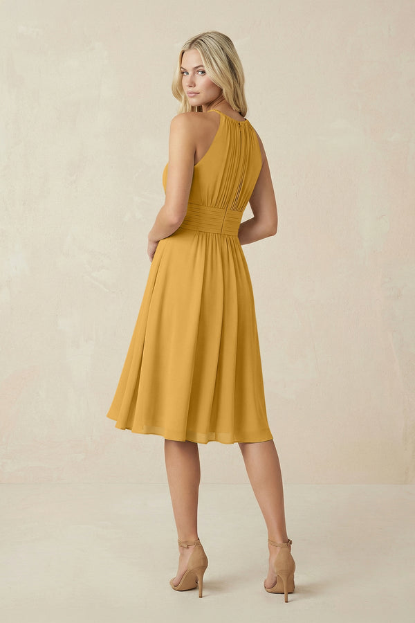 Halter A - Line Chiffon Midi Bridesmaid Dress in Marigold - KissProm Bridesmaid Dresses