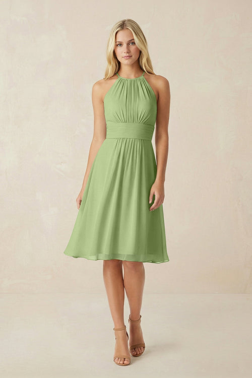 Halter A - Line Chiffon Midi Bridesmaid Dress in Matcha - KissProm Bridesmaid Dresses
