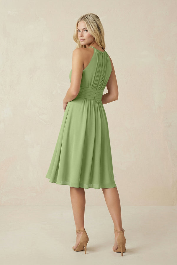 Halter A - Line Chiffon Midi Bridesmaid Dress in Matcha - KissProm Bridesmaid Dresses