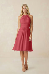 Halter A - Line Chiffon Midi Bridesmaid Dress in Merlot - KissProm Bridesmaid Dresses