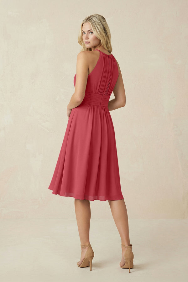 Halter A - Line Chiffon Midi Bridesmaid Dress in Merlot - KissProm Bridesmaid Dresses