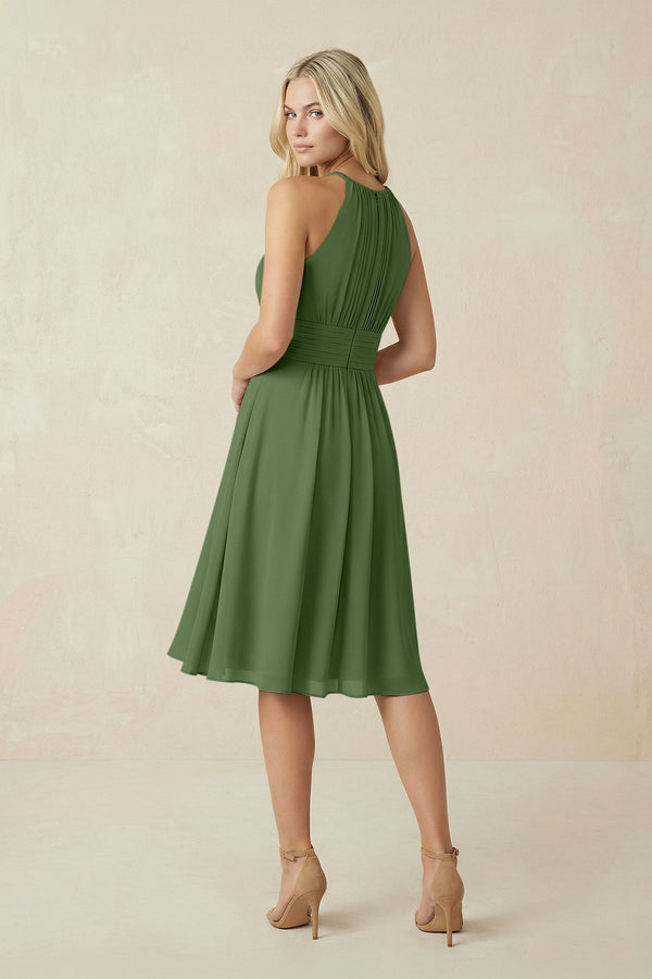 Halter A - Line Chiffon Midi Bridesmaid Dress in Moss - KissProm Bridesmaid Dresses