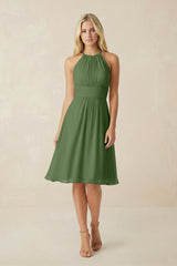 Halter A - Line Chiffon Midi Bridesmaid Dress in Moss - KissProm Bridesmaid Dresses