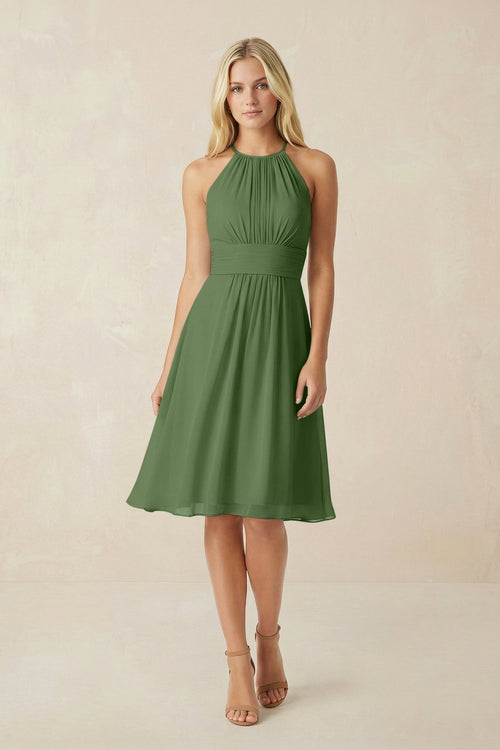 Halter A - Line Chiffon Midi Bridesmaid Dress in Moss - KissProm Bridesmaid Dresses