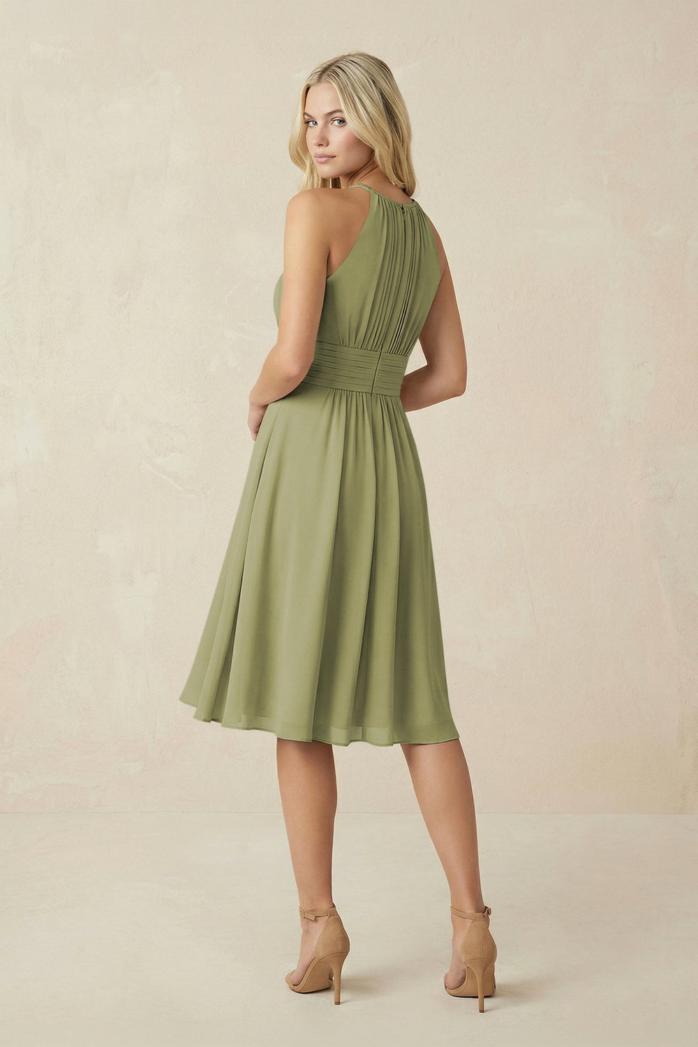Halter A - Line Chiffon Midi Bridesmaid Dress in Moss Green - KissProm Bridesmaid Dresses