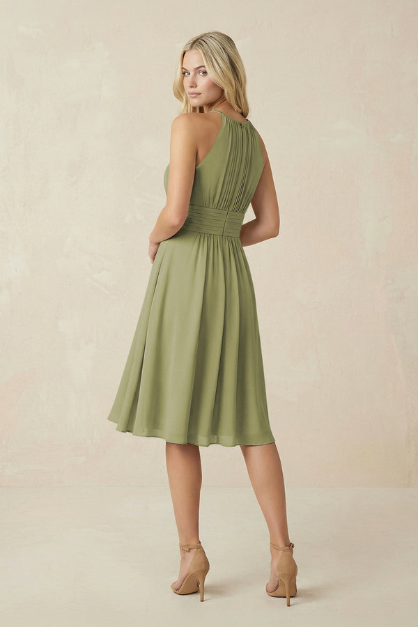 Halter A - Line Chiffon Midi Bridesmaid Dress in Moss Green - KissProm Bridesmaid Dresses
