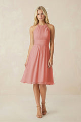 Halter A - Line Chiffon Midi Bridesmaid Dress in Mulberry - KissProm Bridesmaid Dresses