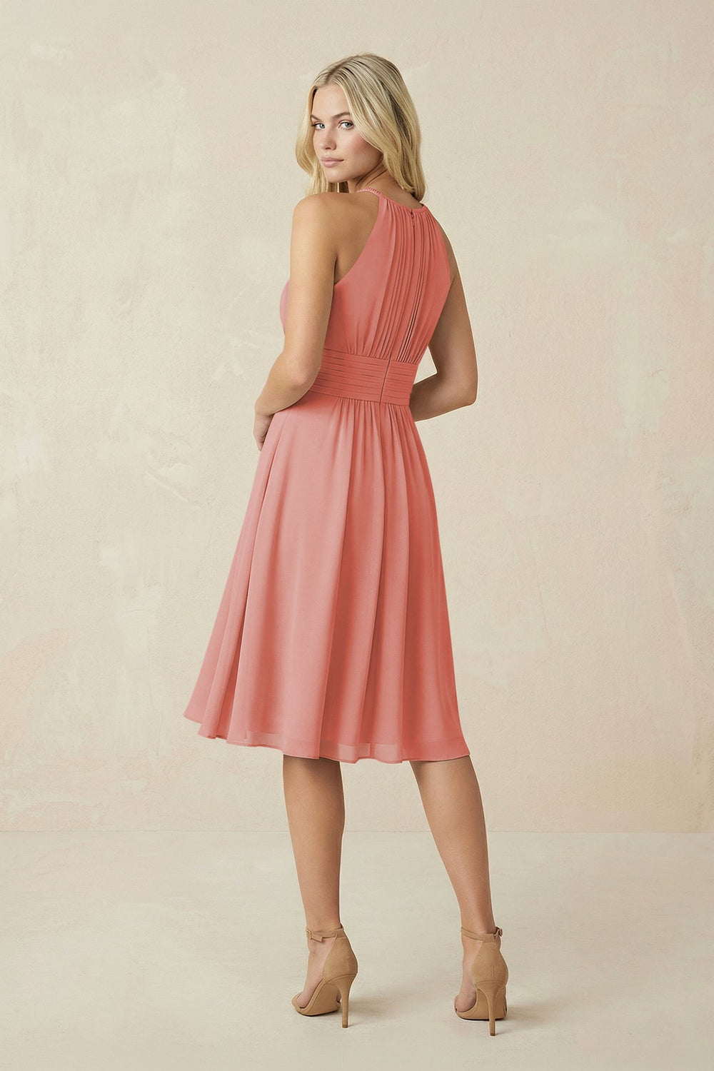 Halter A - Line Chiffon Midi Bridesmaid Dress in Mulberry - KissProm Bridesmaid Dresses
