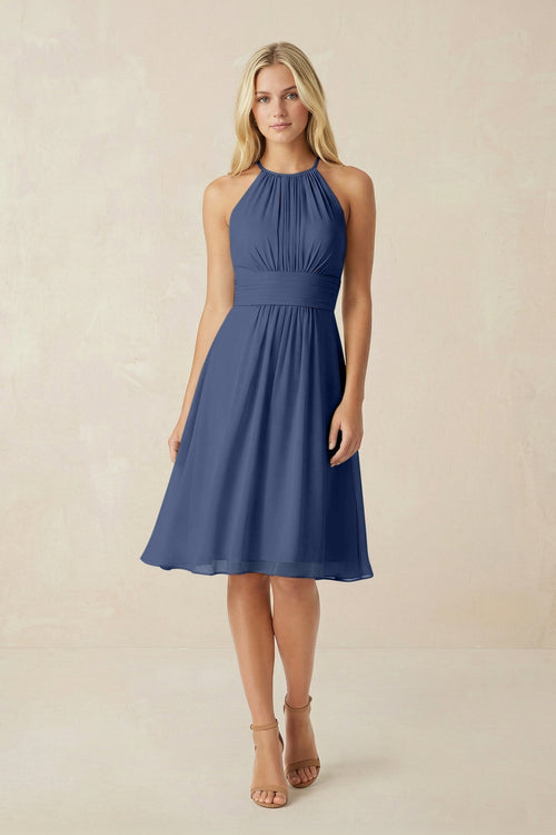 Halter A - Line Chiffon Midi Bridesmaid Dress in Navy - KissProm Bridesmaid Dresses