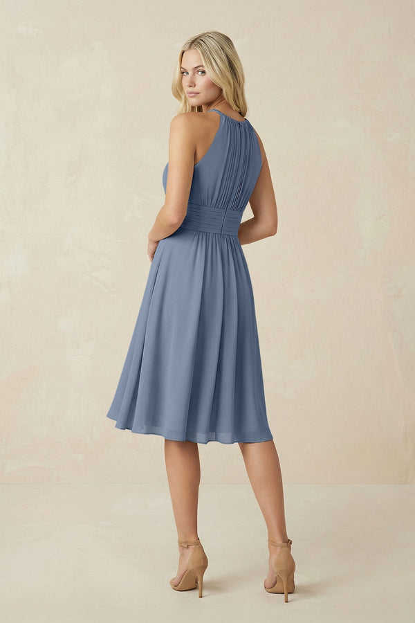 Halter A - Line Chiffon Midi Bridesmaid Dress in Neptune - KissProm Bridesmaid Dresses