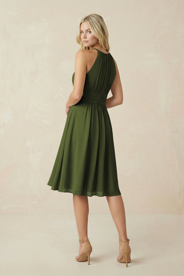 Halter A - Line Chiffon Midi Bridesmaid Dress in Olive - KissProm Bridesmaid Dresses