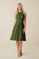 Halter A - Line Chiffon Midi Bridesmaid Dress in Olive - KissProm Bridesmaid Dresses