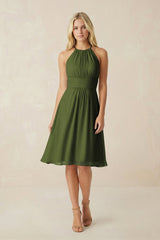 Halter A - Line Chiffon Midi Bridesmaid Dress in Olive - KissProm Bridesmaid Dresses