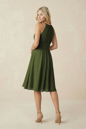 Halter A - Line Chiffon Midi Bridesmaid Dress in Olive - KissProm Bridesmaid Dresses