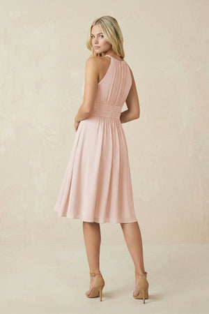Halter A - Line Chiffon Midi Bridesmaid Dress in Pale Blush - KissProm Bridesmaid Dresses